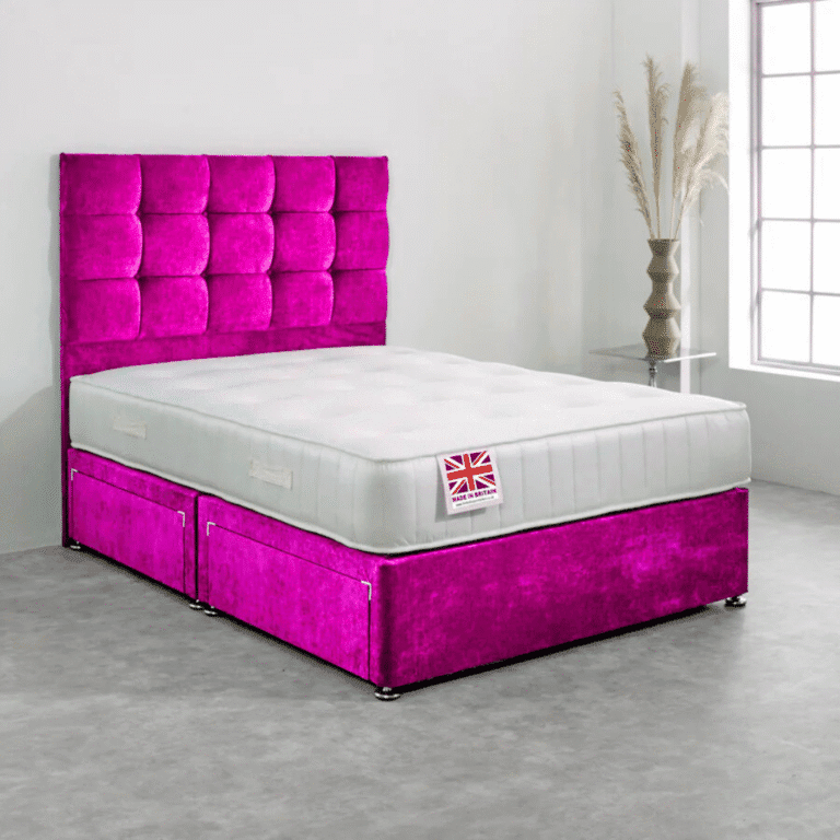 Double Divan Bed Set with Diamond Studded Cube Headboard UK